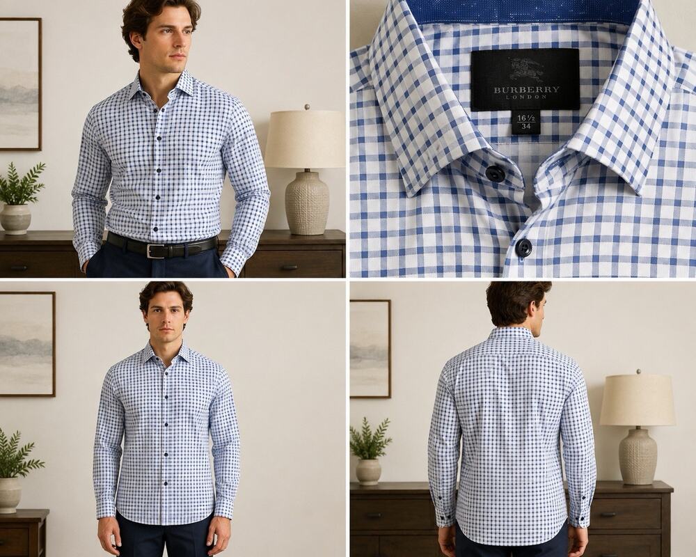 Burberry London Mens 16.5 Blue White Check 100% Silk Long Sleeve Dress Shirt